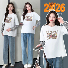 批发实拍孕妇装纯棉长袖T恤2026<b class='q'>春</b>秋新款可爱卡通印花拼接假两件上衣