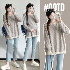 批发实拍<b class='q'>春</b>秋孕妇装磨毛条纹T恤长袖打底衫宽松花边显瘦叠穿内搭上衣