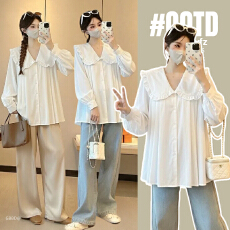 批发实拍孕妇装木耳边娃娃领衬衫设计感春季2026新款长袖宽松春秋衬衣