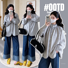 批发实拍2026春季孕妇装法式复古竖条纹衬衫春秋季宽松设计感立领上衣