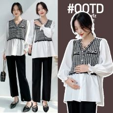 批发孕妇装衬衫上衣春装2026新款假两件套衬衣新款孕妇装<b class='q'>千鸟格</b>