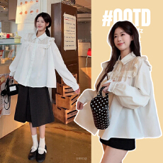 批发韩系设计蕾丝边拼接衬衫孕妇装长袖2026<b class='q'>春</b>季新款宽松显瘦休闲上衣