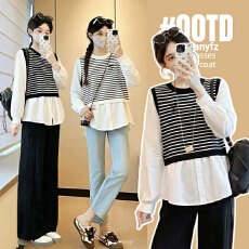 批发实拍孕妇装<b class='q'>春</b>装2026<b class='q'>春</b>秋季新款长袖条纹拼接假两件套娃娃衬衫上衣