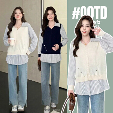 批发实拍孕妇装春装2026春<b class='q'>秋</b>季新款长袖拼接假两件套条纹衫衬衫上衣