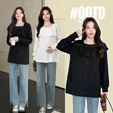 实拍2026孕妇春装遮肚子花边钉珠大版不规则长袖百搭宽松显瘦上衣