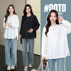 批发实拍孕妇装白色蝴蝶结长袖T恤2026春季宽松慵懒风<b class='q'>休闲</b>打底衫上衣