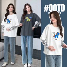 批发实拍孕妇装纯棉长袖T恤2026春秋新款可爱卡通印花拼接假两件上衣