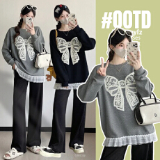 批发实拍孕妇装慵懒风钩花蝴蝶结圆领卫衣春秋宽松时尚中长款长袖上衣