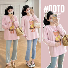 批发实拍孕妇装春季长袖T恤2026春秋新款可爱卡通印花拼接假两件上衣