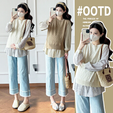 实拍孕妇装春装套装2026春秋季新款长袖衬衫加马甲两件套条纹衬衫