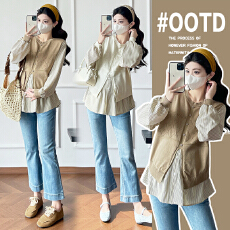 实拍孕妇装春装套装2026春秋季新款长袖衬衫加马甲两件套孕妇春秋