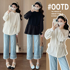 实拍新款2026孕妇春装甜美宽松显瘦长袖娃娃衫百搭减龄假两件上衣