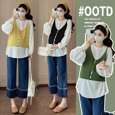 实拍新款2026孕妇春装宽松显瘦长袖娃娃衫加马甲百搭减龄两件套上