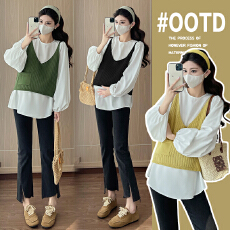 实拍新款2026孕妇春装宽松显瘦长袖娃娃衫加马甲百搭减龄两件套上