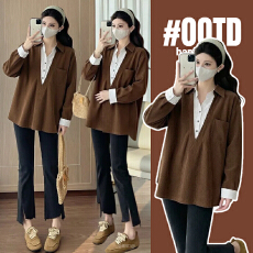 实拍孕妇装韩系复古咖色假两件拼接衬衫春秋高级感宽松百搭2026新