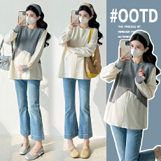 批发<b class='q'>实拍</b>小个子<b class='q'>孕妇装</b>春装2026春秋季新款长袖衬衫韩版假两件拼接上衣