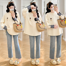 实拍孕妇T恤衬衫条纹袖拼接长袖卫衣春季2026新款时尚卡通上衣