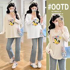 实拍孕妇T恤衬衫条纹袖拼接长袖孕妇春季2026新打底印花卡通上衣