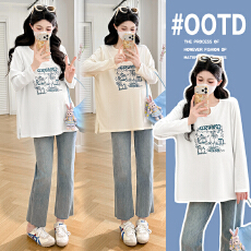 实拍孕妇T恤衬衫条纹袖拼接长袖孕妇春季2026新打底印花字母上衣