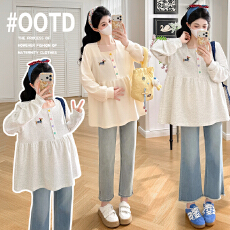 批发实拍現貨纯棉孕妇装卫衣春装2026新款纽扣刺绣小马上衣T恤宽松