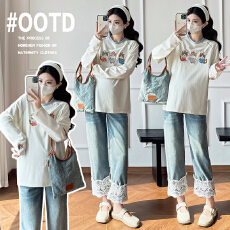 批发实拍現货孕妇装上衣春装2026新款T恤<b class='q'>打底衫</b>刺绣卡通小猫春秋款