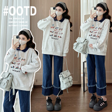 批发实拍現货纯棉孕妇装卫衣春装2026新款娃娃领刺绣卡通上衣春秋