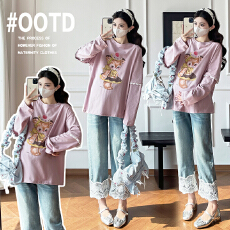 批发实拍現货孕妇装上衣春装2026新款T恤蕾丝拼卡通<b class='q'>打底衫</b>春秋