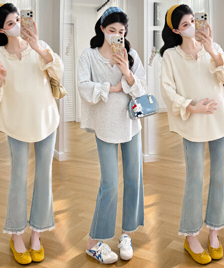 실사 임산부 긴팔 봄과 가을 옷 2026 년 새로운 패션 연령 감소 루즈핏 프릴 나팔 소매 임산부 동정