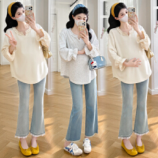 批发实拍孕妇长袖<b class='q'>春</b>秋装2026年新款时尚减龄宽松荷叶边喇叭袖孕妇体恤