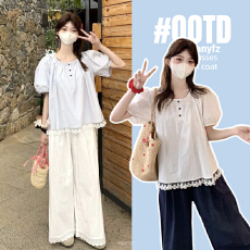 批发孕妇<b class='q'>夏</b>装蓝色蕾丝泡泡袖棉麻衬衫女初<b class='q'>夏</b>法式多巴胺娃娃衫孕妇小众