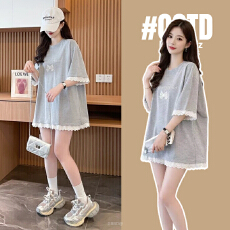 批发夏季<b class='q'>孕妇</b><b class='q'>上衣</b>2026新款韩系减龄洋气蕾丝拼接钉珠<b class='q'>短袖</b>体恤宽松圆领