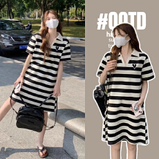 批发<b class='q'>孕妇</b><b class='q'>夏装</b>条纹<b class='q'>短袖</b>t恤夏2026新款中长款刺绣条纹翻领上衣大码翻领