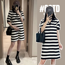 批发<b class='q'>孕妇装</b>夏季纯棉条纹<b class='q'>短袖</b>t恤2026新款连衣裙翻领刺绣韩版新款上衣