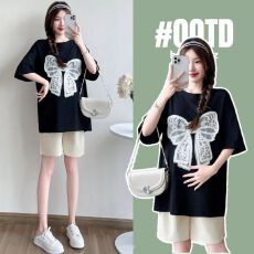 批发实拍纯棉孕妇<b class='q'>装</b>套<b class='q'>装</b>夏<b class='q'>装</b>2026<b class='q'>新款</b>刺绣蝴蝶结上衣+短<b class='q'>裤</b>两件套