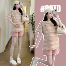 批发9353实拍纯棉孕妇<b class='q'>装</b>套<b class='q'>装</b>夏<b class='q'>装</b>2026<b class='q'>新款</b>刺绣蝴蝶结上衣+短<b class='q'>裤</b>两件套