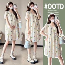 批发实拍孕妇装新品<b class='q'>夏季</b>时尚辣妈长款短袖刺绣彩色花朵宽松孕妇连衣裙