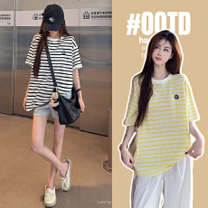 批发<b class='q'>夏</b>季孕妇装体恤韩版雪花棉条纹短袖t恤新刺绣花中长宽松圆领上衣