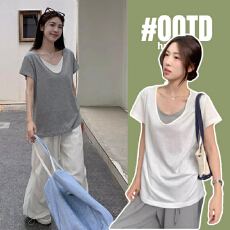 批发夏天孕妇装夏装短袖体恤棉短袖t恤夏新款潮纯色假两件V领上衣孕妇