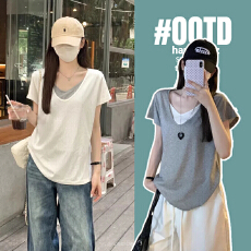 批发夏天孕妇装夏装短袖体恤棉短袖t恤夏新款潮纯色假两件V领上衣孕妇