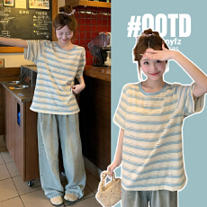 批发实拍已出货纯棉孕妇装上衣夏装新款条纹T恤衫短袖正肩t恤宽松