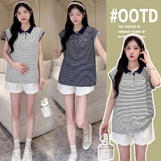 批发实拍有货雪花棉透气不闷，<b class='q'>孕妇</b><b class='q'>装上</b>衣夏装2026新款条纹<b class='q'>T</b><b class='q'>恤</b>翻领