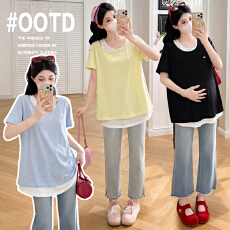 批发实拍有货雪花棉透气不闷热，<b class='q'>孕妇</b><b class='q'>装上</b>衣夏装新款假两件套<b class='q'>T</b>恤衫