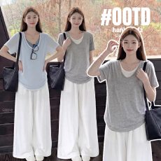 夏天孕妇装夏装短袖体恤棉短袖t恤夏新款潮纯色假两件V领上衣孕妇