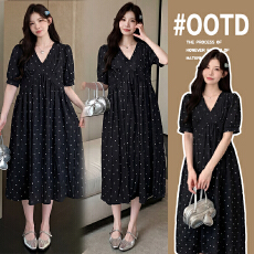 实拍孕妇装2026夏季新款时尚宽松显瘦波点长裙V领短袖孕妇连衣裙