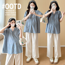 实拍孕妇上衣夏2026新款遮肚子不显怀短袖格子休闲衬衫衣服夏装