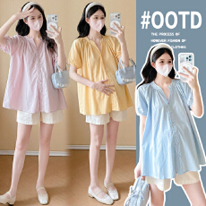 实拍2026夏季新款孕妇装衬衫时尚泡泡袖百搭宽松休闲遮肚显瘦上衣