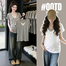 夏天孕妇装夏装短袖体恤棉短袖t恤夏新款潮纯色假两件V领上衣孕妇