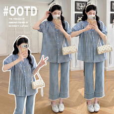 批发实拍孕妇上衣<b class='q'>夏</b>2026新款遮肚子不显怀短袖格子休闲衬衫衣服<b class='q'>夏</b>装