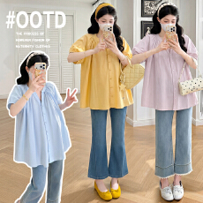 批发实拍2026<b class='q'>夏</b>季新款孕妇装衬衫时尚泡泡袖百搭宽松休闲遮肚显瘦上衣