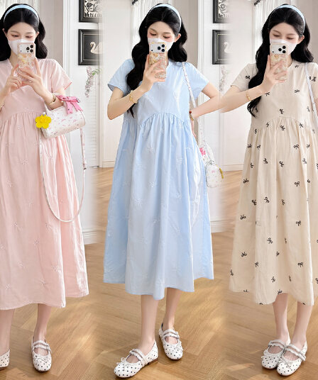 실사 있음 선적 출산 착용 드레스 여름 드레스 새로운 나비 매듭 자수 플리츠 칼라 치마 루즈핏 중간 길이